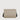 Rear view of a beige crossbody bag featuring black side details in a minimalist studio setting
